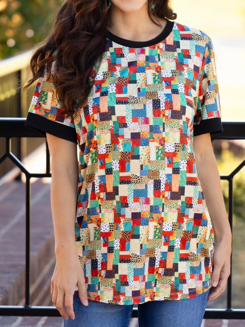 Multi‎ Color Patchwork Leopard Print Short Sleeve Top with Black Trim